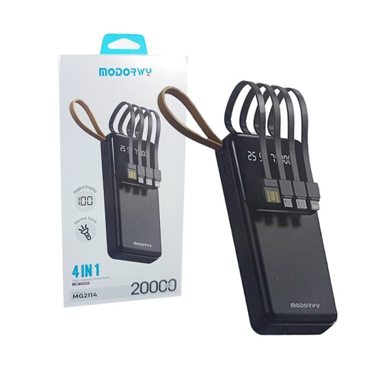 Power Bank 4 in 1 Modorwy MG2114 Cabos Embutidos 20000mAh Preto